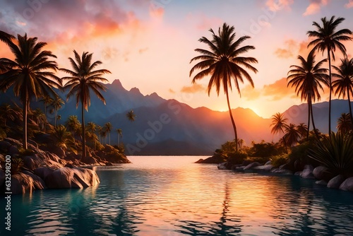 Palm trees against sunset sky, tropical coast with waterfall and mountains on a background, river, lake 3d rendering © Ahtesham