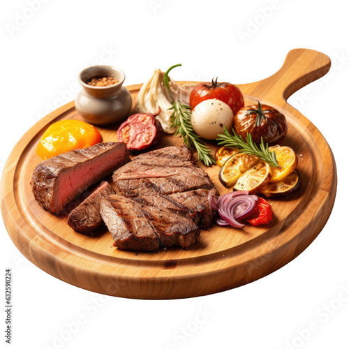 Grilled steak served on wooden plate against transparent background