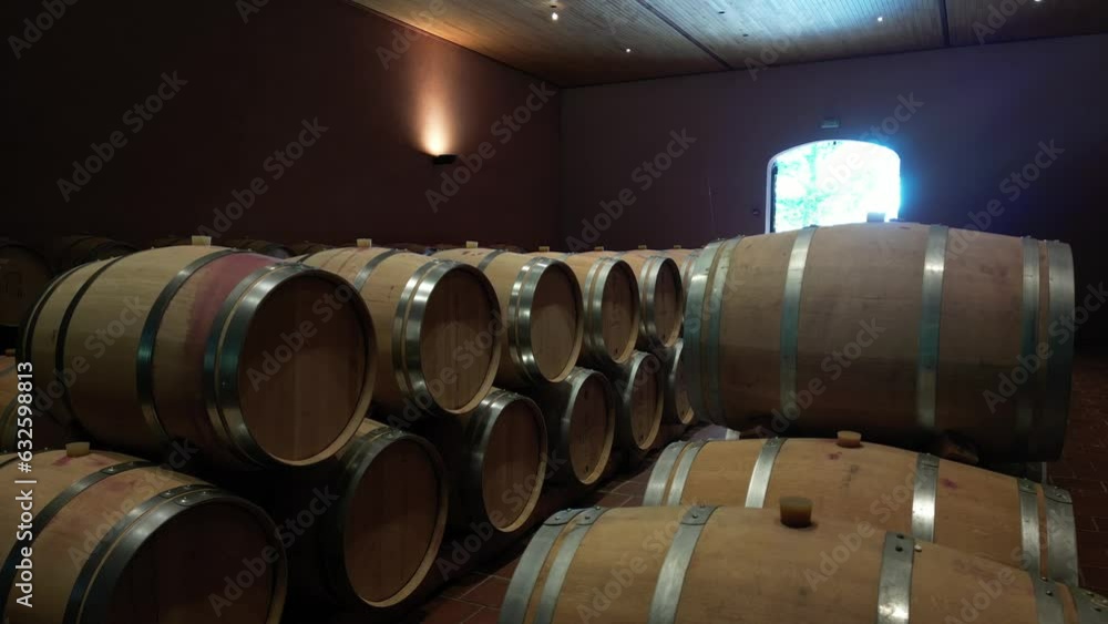Storage cellar room filled with wooden barrels holding produced wine beverage, Aging the produced alcoholic wine drinks in the cellar, Bordeaux Vineyard, Medoc, High quality 4k footage Storage cellar room filled with wooden barrels holding produced wine beverage, Aging the produced alcoholic wine drinks in the cellar, Bordeaux Vineyard, Medoc, High quality 4k footage