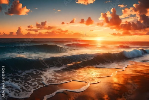 a painting of a sunset over the ocean with waves crashing on the shore and clouds in the sky over the ocean and the beach area 3d rendering © Ahtesham