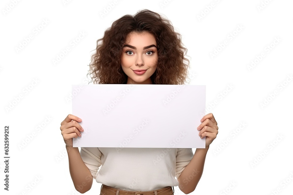 Young beautiful woman holding a blank sheet of paper, isolated on white background, ai generative Young beautiful woman holding a blank sheet of paper, isolated on white background, ai generative