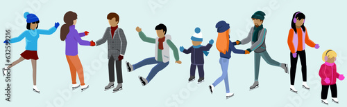 Crowd of tiny people dressed in winter clothes ice skating on rink. Men, women and children in seasonal outerwear on ice skates having fun outdoors. Winter season activity and entertainment