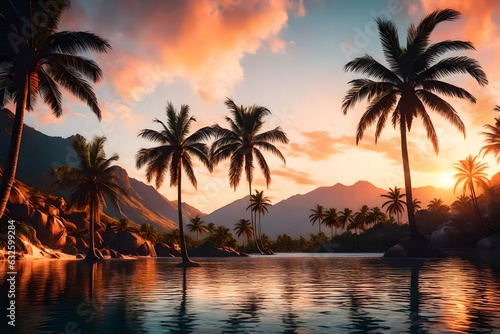 Palm trees against sunset sky, tropical coast with waterfall and mountains on a background, river, lake 3d rendering 