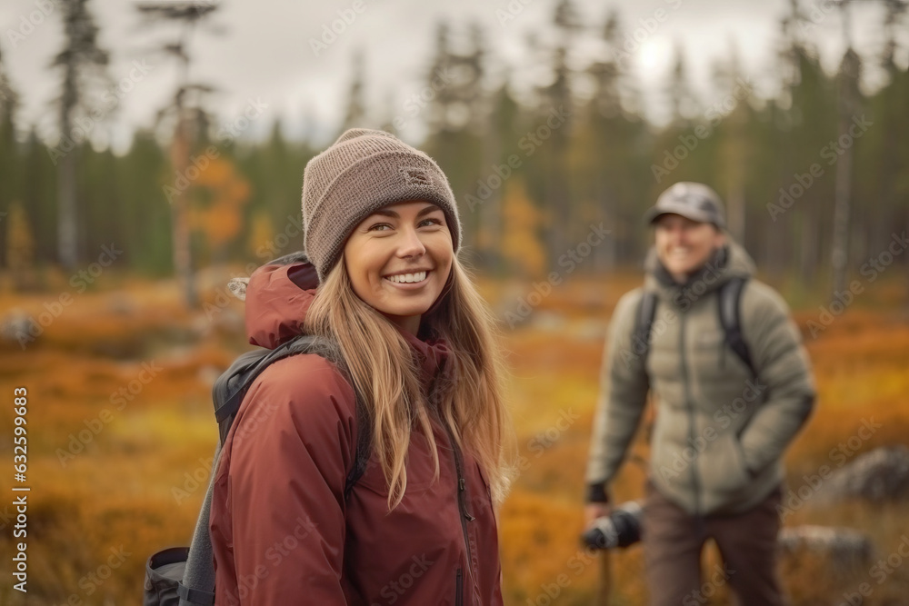 Fototapeta premium Young woman enjoys an autumn hike