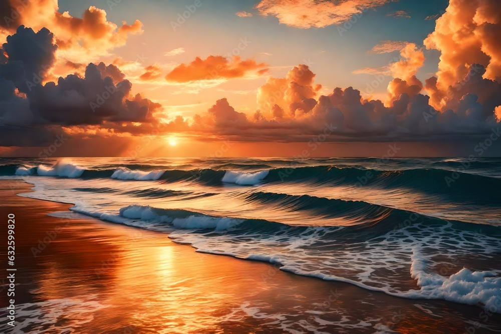 a painting of a sunset over the ocean with waves crashing on the shore and clouds in the sky over the ocean and the beach area 3d rendering