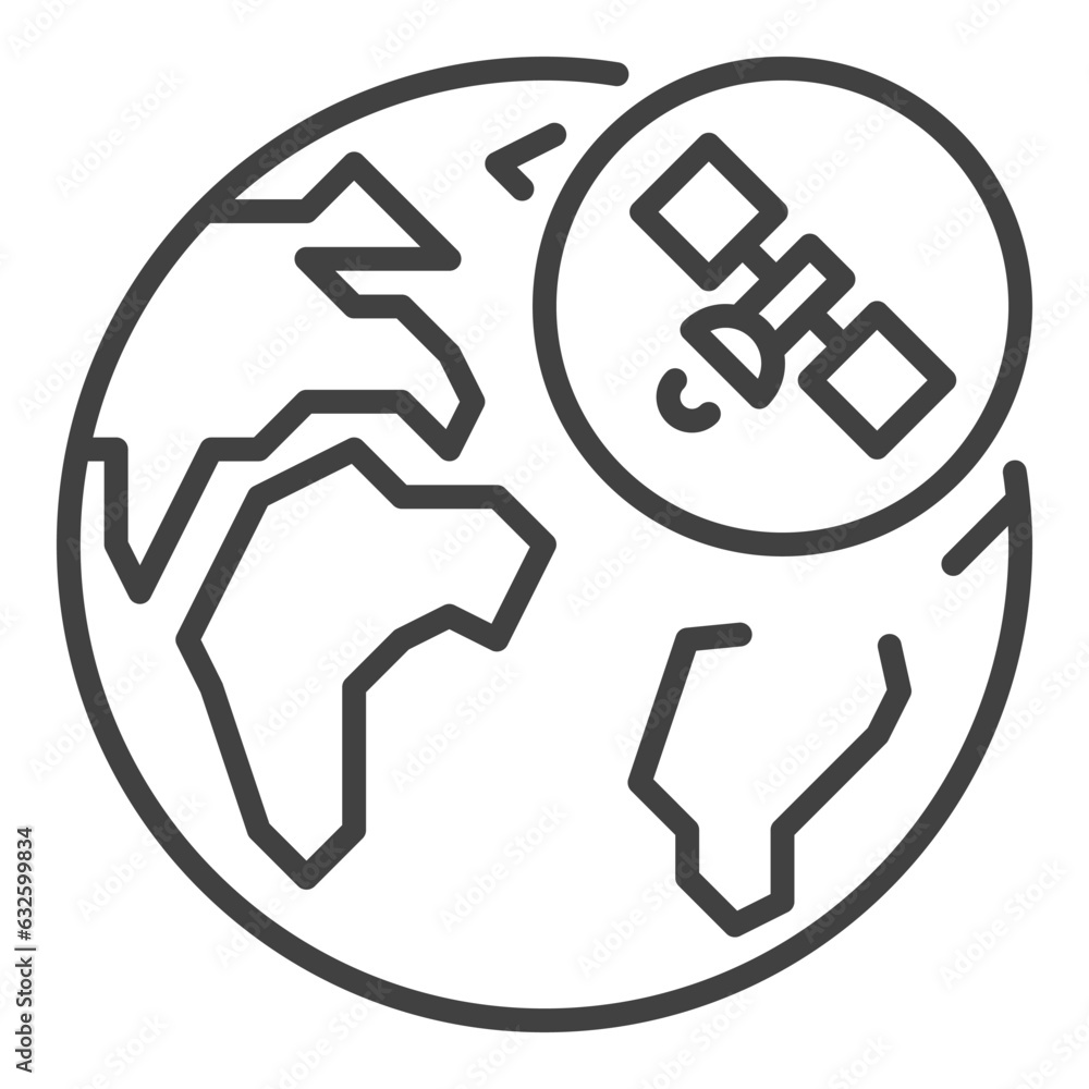 Earth and Satellite in Circle vector Global Internet concept outline icon Earth and Satellite in Circle vector Global Internet concept outline icon