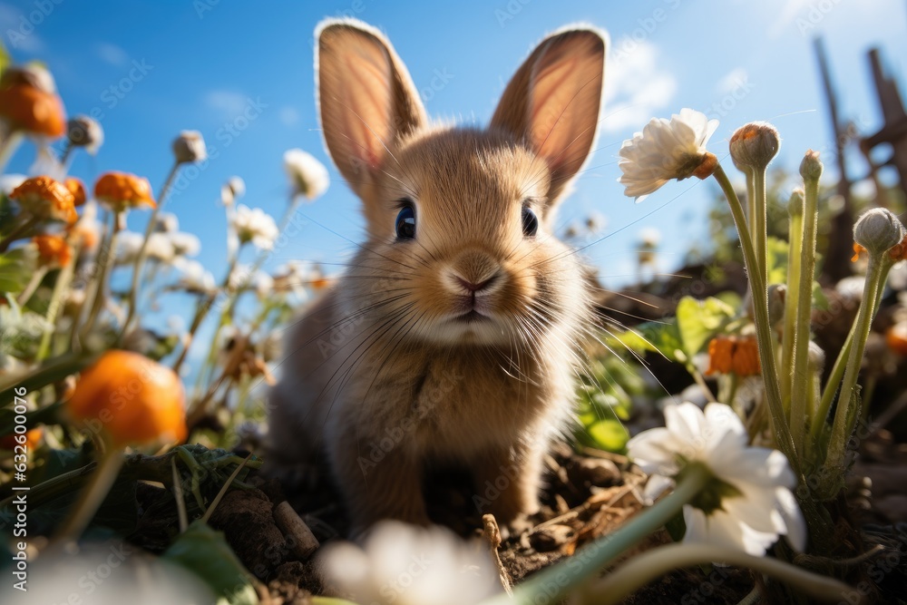 Fototapeta premium Cute baby Easter rabbit on field with green grass and spring flowers, against blue sky.
