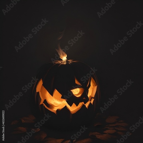 Glowing Scary Pumpkin On A Dark Smoky Background With Smoke Ghost, Halloween Pumpkin Background