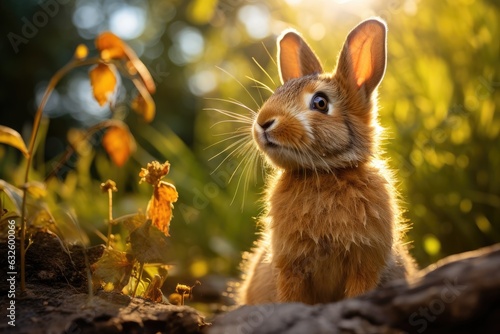 Cute wild hare or rabbit in forest in sunlight.