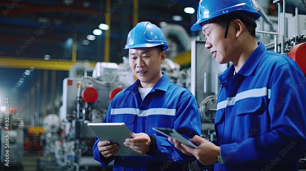 two ethnic engineer look projects and planning with tablet mobile to control engine in factory, Generative AI two ethnic engineer look projects and planning with tablet mobile to control engine in factory, Generative AI