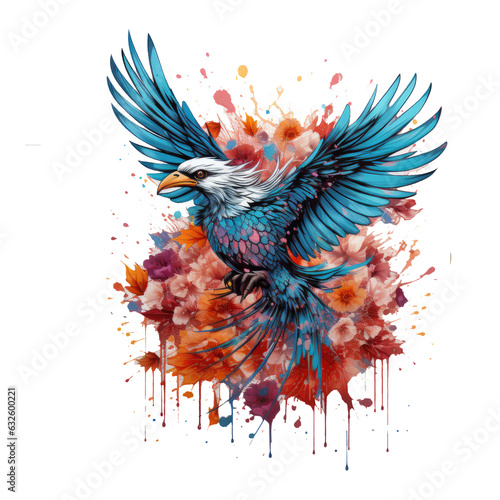 A serene Eagle t-shirt design showcasing an eagle gracefully gliding above a serene lake, with delicate water lilies and colorful dragonflies, Generative Ai