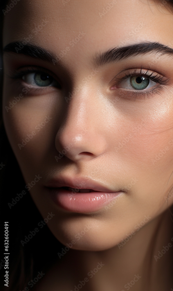 Schönes gepflegtes Frauen Gesicht mit natürlichen Make up für Kosmetik und Permanent Make up Poster Nahaufnahme, ai generativ Schönes gepflegtes Frauen Gesicht mit natürlichen Make up für Kosmetik und Permanent Make up Poster Nahaufnahme, ai generativ