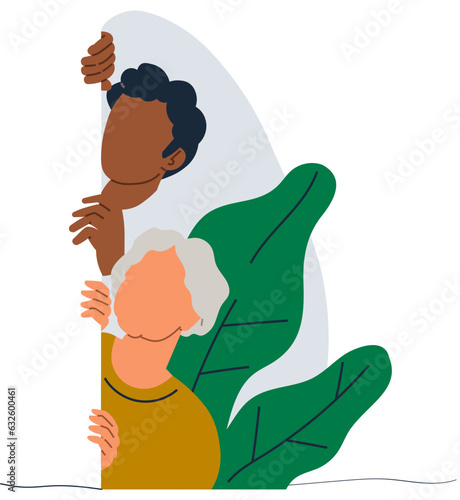 Spying, observing and sneaking. Vector illustration. Spying person, vigilant shadow tracing every movement Making observation, skill of seeing beyond obvious Characters peeping, manifestations