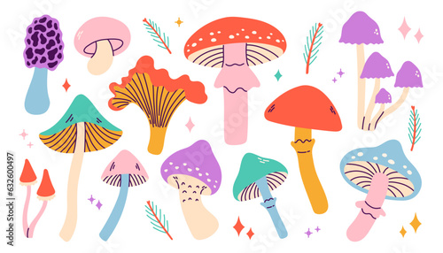 Set of forest abstract mushroom, chanterelles, honey agarics, fly agarics. Poisonous ingredients for witch potion. 