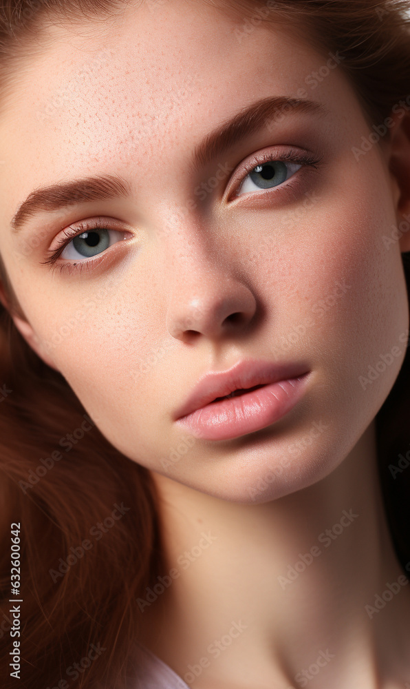 Schönes gepflegtes Frauen Gesicht mit natürlichen Make up für Kosmetik und Permanent Make up Poster Nahaufnahme, ai generativ Schönes gepflegtes Frauen Gesicht mit natürlichen Make up für Kosmetik und Permanent Make up Poster Nahaufnahme, ai generativ
