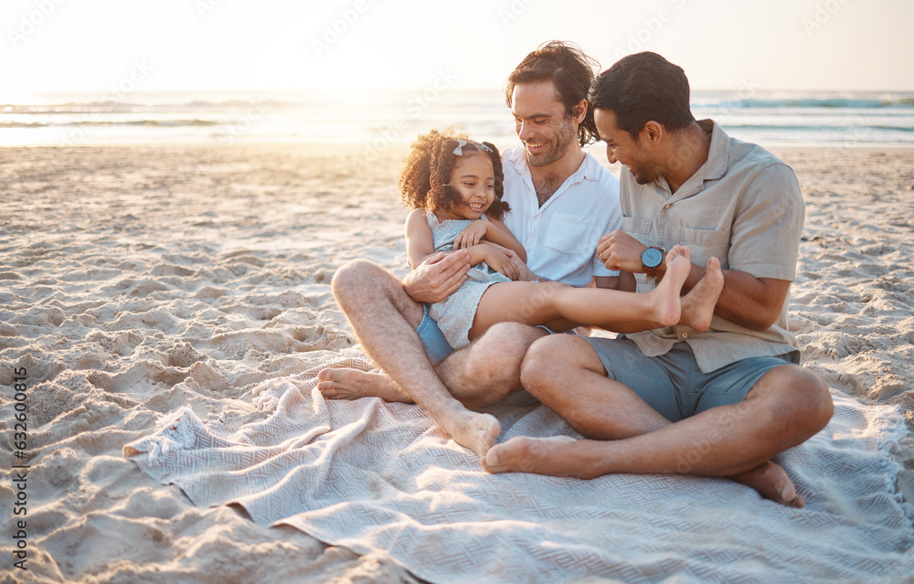 Gay parents, father and girl at beach with love, smile and hug for vacation, laugh or outdoor on sand in sunset. LGBTQ men, young kid and adoption with family, holiday or comic conversation in summer Gay parents, father and girl at beach with love, smile and hug for vacation, laugh or outdoor on sand in sunset. LGBTQ men, young kid and adoption with family, holiday or comic conversation in summer