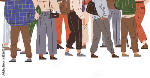 Big queue. Many multitude people. Vector illustration. People waiting in long line found ways to pass time, such as reading or chatting with neighbors The queue group started game to keep themselves