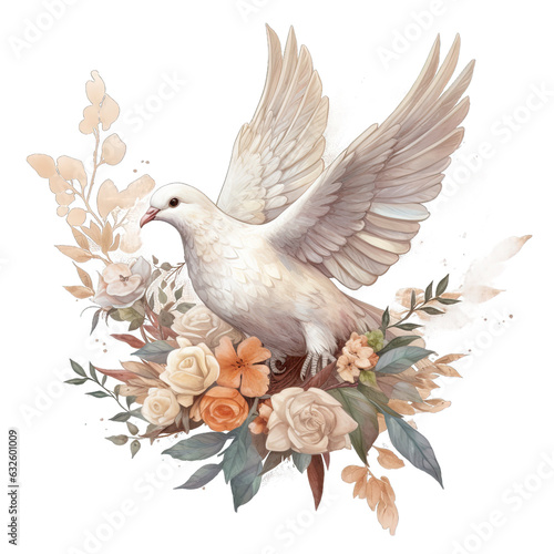Vintage Floral Dove with Open Wings Generative Ai © Umme