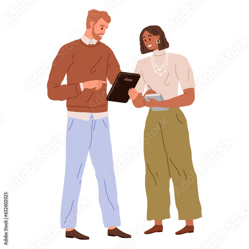 People office work. Vector illustration. A business person utilizes their knowledge and experience to drive success in corporate world Office workers interact with clients and customers to fulfill