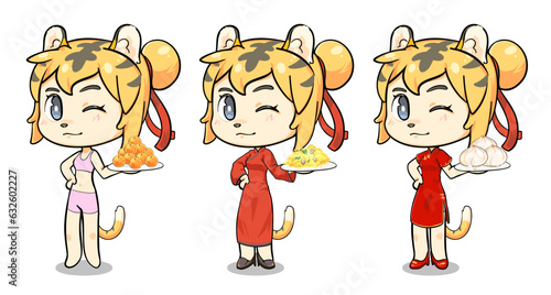 Set of cute girl cosplay in chinese dress waitress cartoon vector