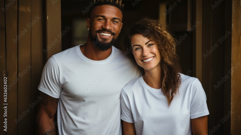 Obraz premium Layout design, pair in white T-shirts. Generated by AI