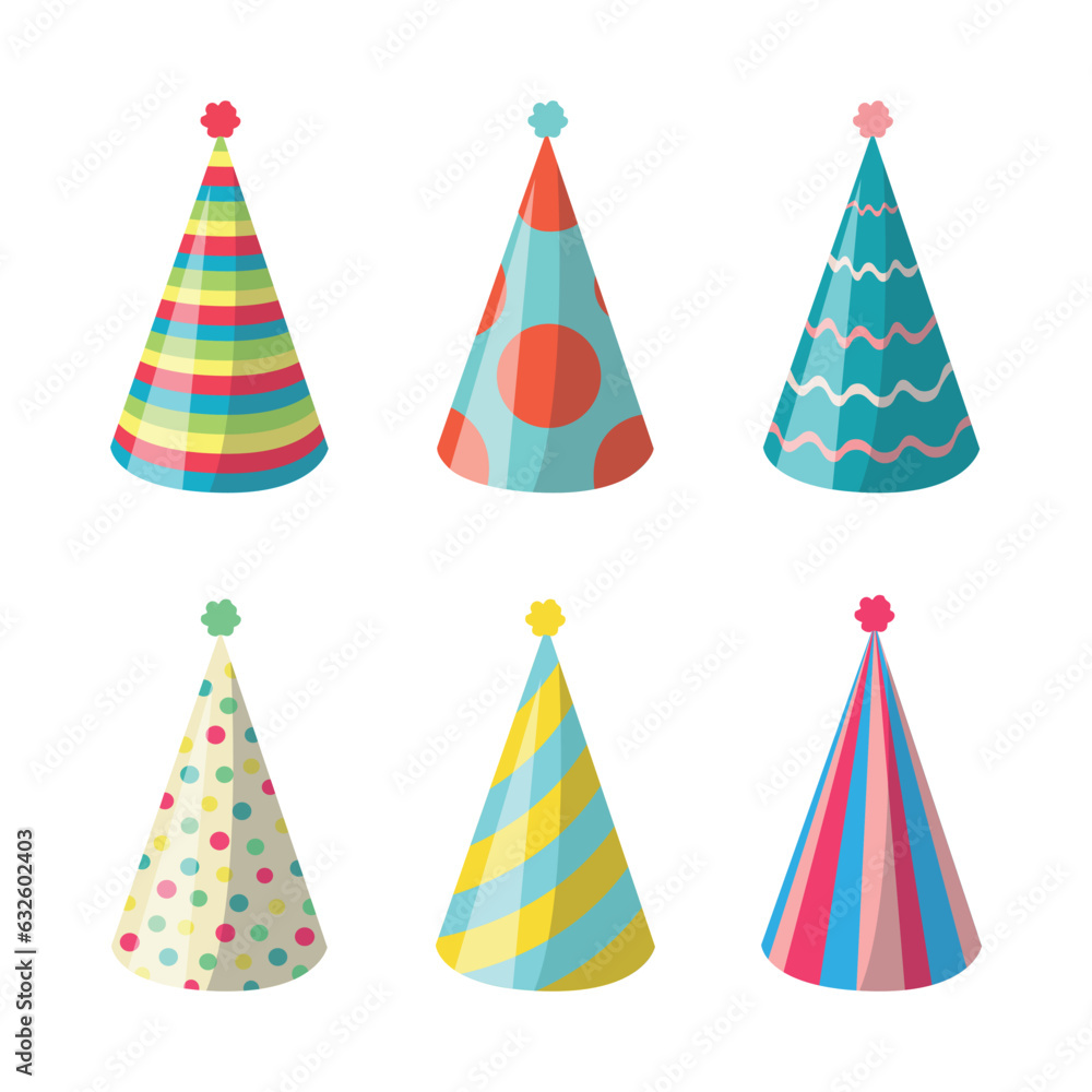 Set of paper party hats isolated on white background. Collection of colorful hats for birthday. Vector stock Set of paper party hats isolated on white background. Collection of colorful hats for birthday. Vector stock