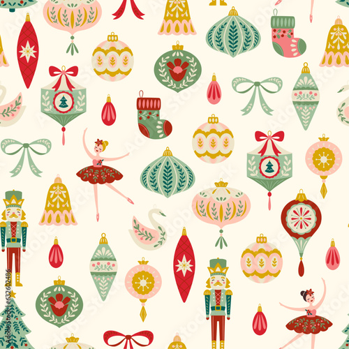 Stampa su tela Vector Christmas Seamless Pattern with Vintage Ornaments