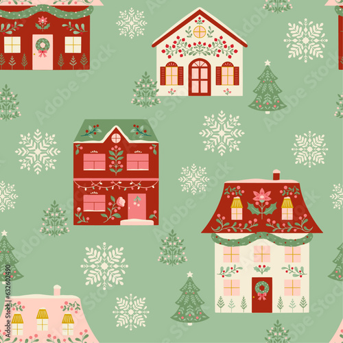 Vector Christmas Seamless Pattern with Festive Decorated Houses