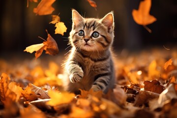 kitten playing in yellow autumn leaves