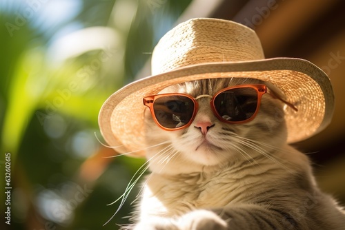 cat wearing sunglasses on blurry tropical background © id512