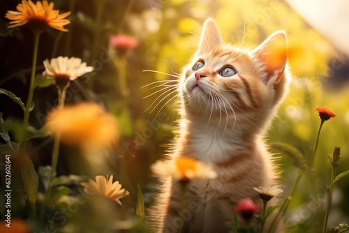 cat in the grass and flowers on blurry background © id512