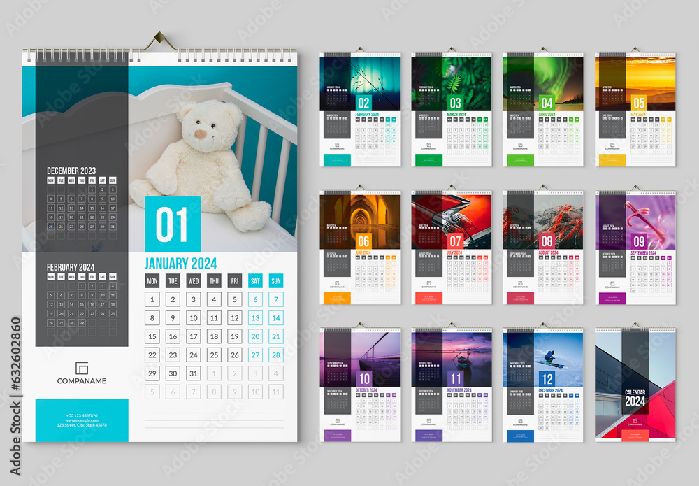 Wall Calendar 2024 Layout with Colorful Accents Stock Template | Adobe ...