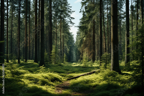breathtaking view of a coniferous forest, with tall evergreen trees and a carpet of pine needles covering the forest floor Generative AI photo