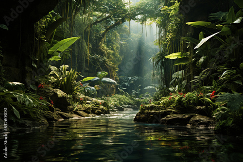 shot of a vibrant tropical rainforest  showcasing the dense foliage and diverse plant life of this lush ecosystem Generative AI