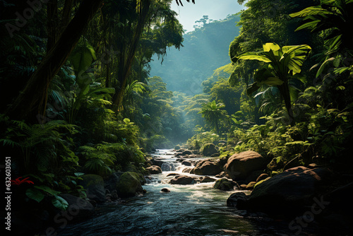 shot of a vibrant tropical rainforest, showcasing the dense foliage and diverse plant life of this lush ecosystem Generative AI © forenna