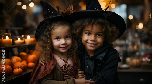 portrait of two little kids wearing witch hat costumes to celebrate halloween. generative ai
