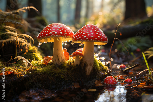 iconic Amanita muscaria mushrooms, with their distinct red caps, adding a splash of color to an autumn forest Generative AI