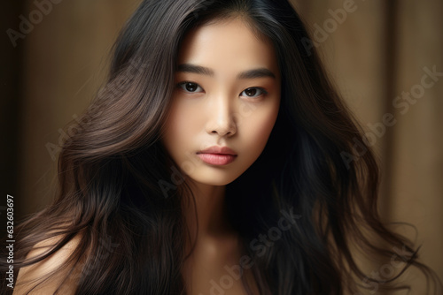 Portrait of an Asian model girl with perfect skin without makeup