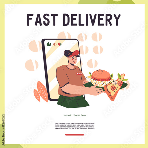 Fast delivery ready meals banner or poster concept. Online food ordering and takeaway restaurant banner template, flat vector illustration.