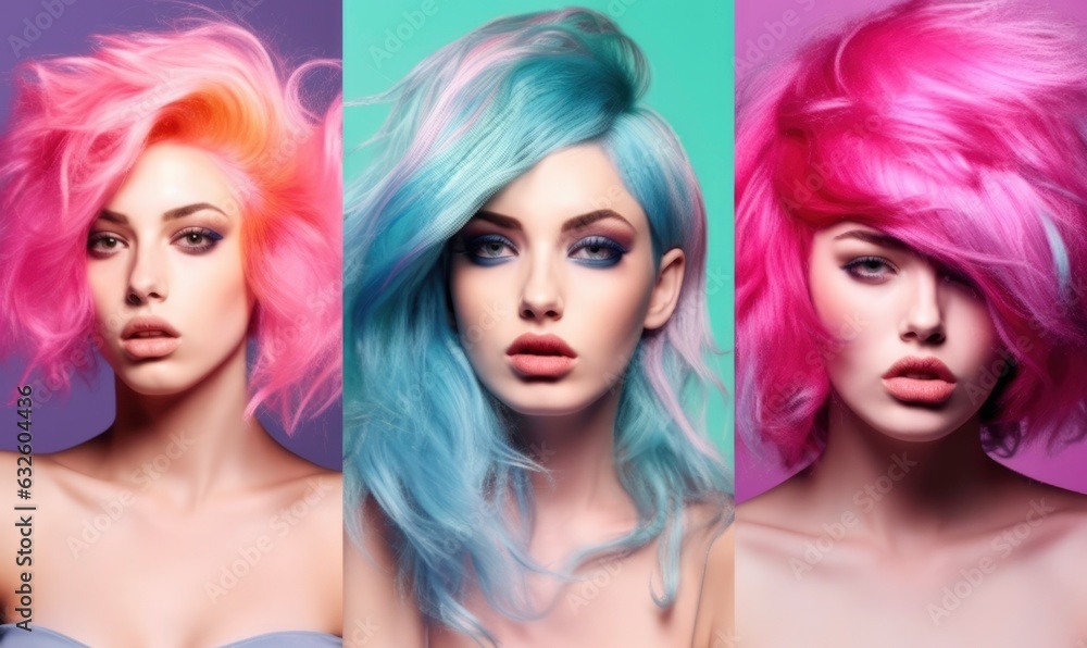 Beauty fashion collage girls with colorful dyed hair. Generated by AI