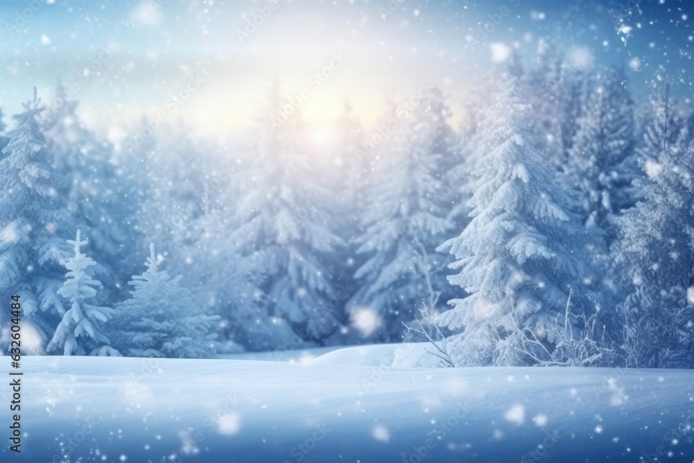 Christmas winter background with snow and blurry bokeh. Generated by AI