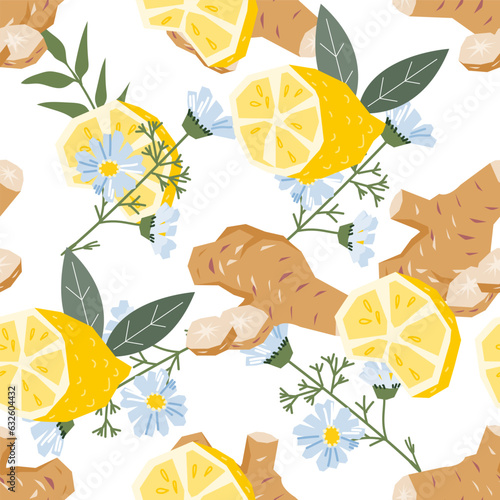 Herbal tea seamless pattern design with ginger, lemon and daisy flowers, hand drawn flat vector illustration on white background. Repeatable endless pattern with natural flu remedies.