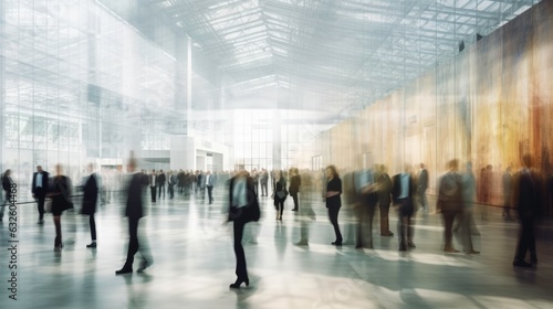 Blurry business people at an exhibition or walks in a modern hall. Generated by AI