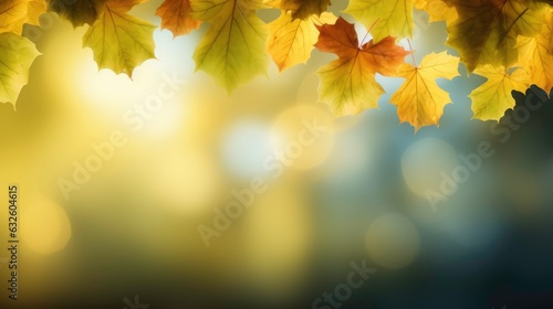 Autumn leaves background with Bokeh under sunlight with a copy of space. Generated by AI