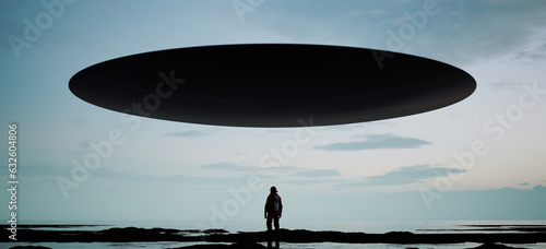 Canvas-taulu UFO arrival hovering lake sunrise dusk floating flying saucer ocean shoreline 3d