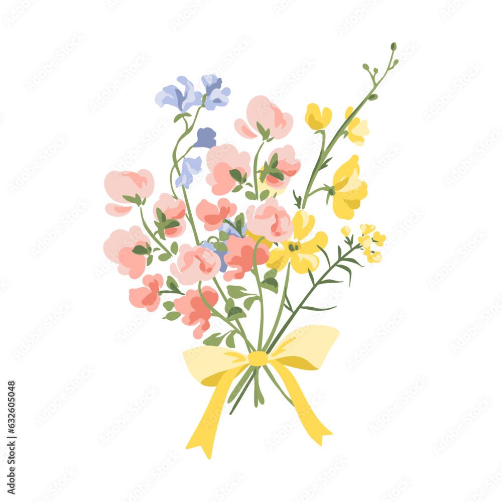 Naklejka premium Vector bouquet of wild flowers with a bow illustration