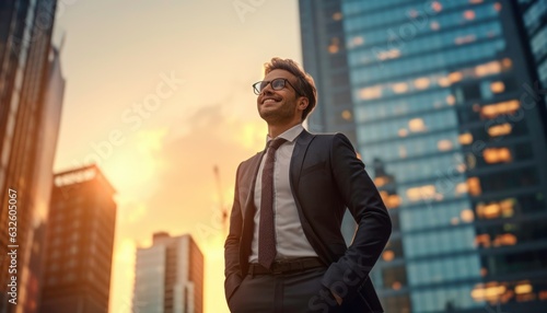 Happy, wealthy, rich, successful business man standing on the street of modern skyscrapers. Generated by AI