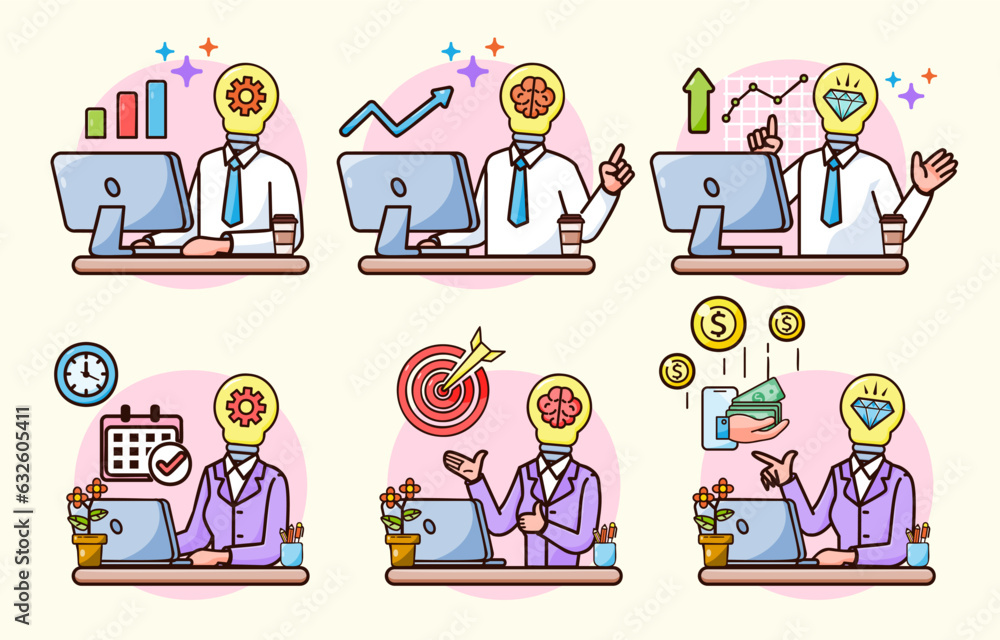 Set of Financial investment with businessman in cartoon style Set of Financial investment with businessman in cartoon style