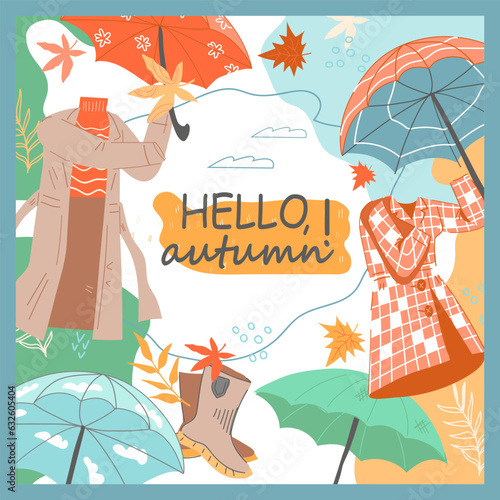 Autumn banner or poster design for seasonal sales and events. Hello autumn card or banner template with umbrellas in raincoats, flat vector illustration on white background.