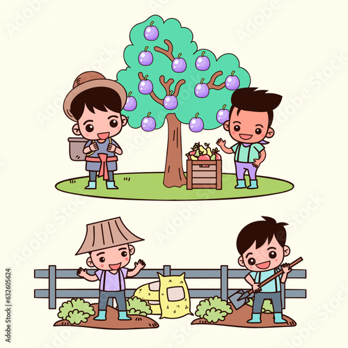 Farmer with farming and animal husbandry in cartoon style vector